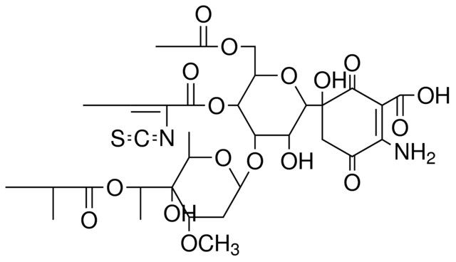 5-(6-(acetoxymethyl)-3-hydroxy-4-(5-hydroxy-5-(1-(isobutyryloxy)ethyl)-4-methoxy-6-methyltetrahydro-2H-pyran-2-yloxy)-5-(2-isothiocyanatobut-2-enoyloxy)tetrahydro-2H-pyran-2-yl)-2-amino-5-hydroxy-3,6-dioxocyclohex-1-enecarboxylic acid