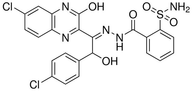 2-({(2Z)-2-[1-(6-CHLORO-3-HYDROXY-2-QUINOXALINYL)-2-(4-CHLOROPHENYL)-2-HYDROXYETHYLIDENE]HYDRAZINO}CARBONYL)BENZENESULFONAMIDE